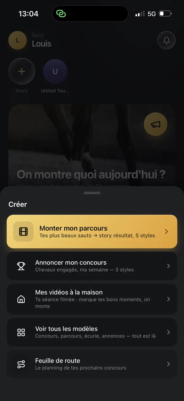 L'écran Créer de l'application, avec le raccourci Monter mon parcours